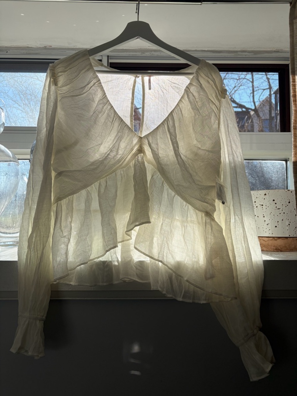 Free People M Sheer Ivory Ruffle-Front Blouse